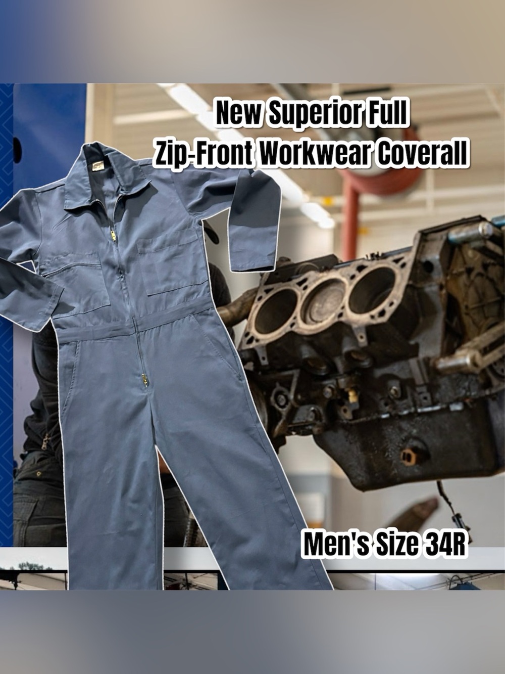New Superior Men's Zip-Front 100% Cotton Workwear Coverall Size 34R (Slate Blue)